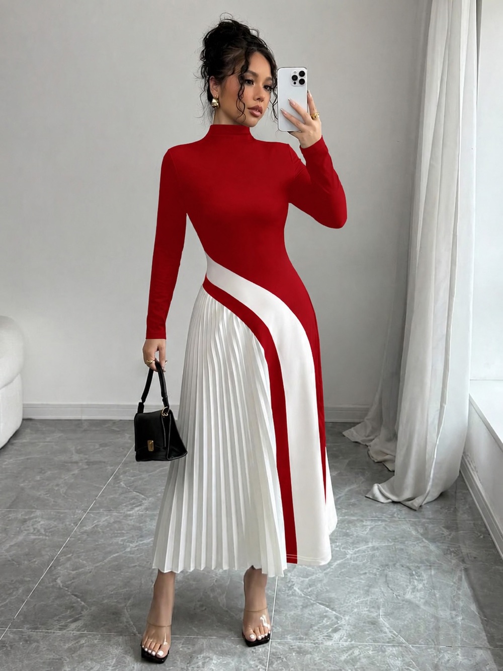 Red and White Pleated Midi Dress - Long Sleeve